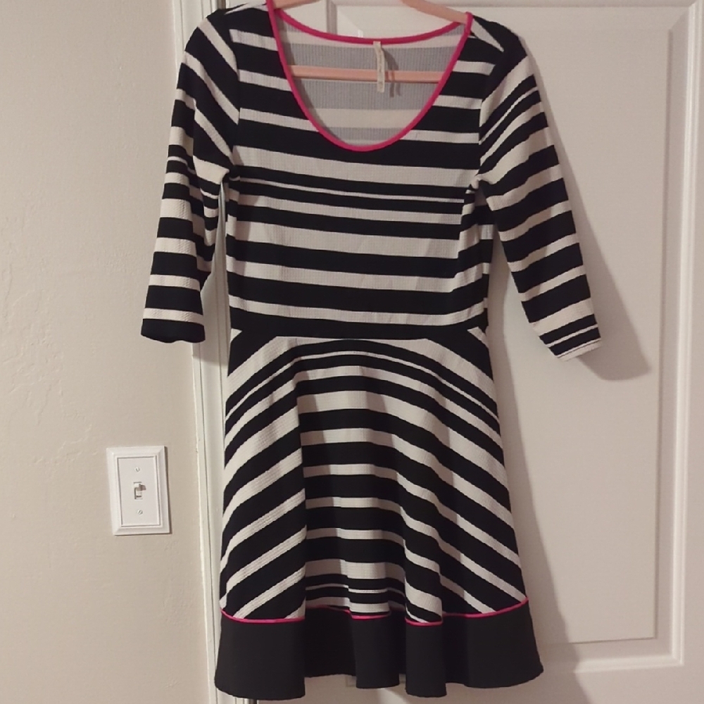 Black and White Striped Dress with Pink Accents